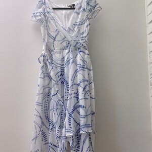 DKNY Blue & White Abstract Print Wrap Midi Dress - Size 8